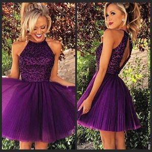 2016 Vestidos cortos de tul púrpura para el regreso al hogar para el verano Baile de 8vo grado Regreso a la escuela Dulces dieciséis Graduación Adolescentes Vestidos de fiesta de baile con cuentas