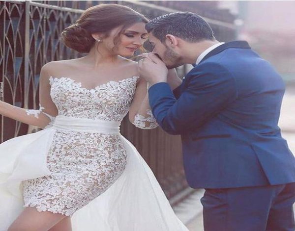 2016 Robe de mariée courte élégante gaine blanche en dentelle illusion manches longues robe de mariée nuptiale