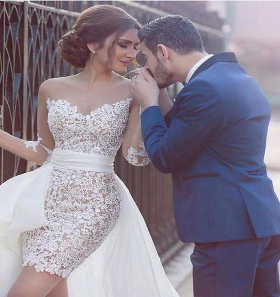 2016 Robe de mariée courte élégante gaine blanche en dentelle illusion manches longues robe de mariée de mariée en train de mariage détachable robe invité 4376488