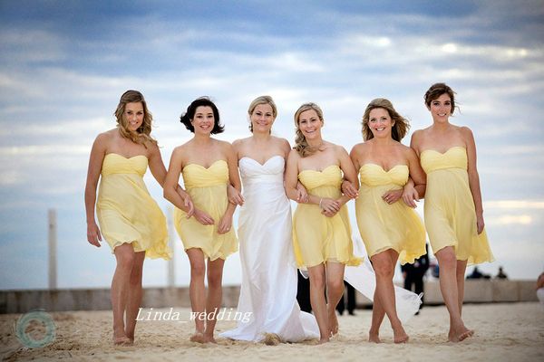 2019 Vestido corto de dama de honor amarillo Buena calidad Verano Playa Gasa Vestido de dama de honor Vestido de fiesta de bodas