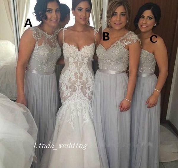 Vestido de dama de honor formal gris plateado 2019 Vestido de dama de honor de gasa de encaje de novia de buena calidad Vestido de fiesta de boda