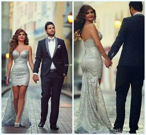 Zilver Shining Prom Dresses 2016 Arabische Dubai Hoge Low Sweetheart Midden-Oosten Lange Party Jurk Kant Pailletten Schede Avondjurk Vestidos
