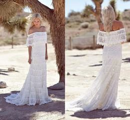 2016 Simple Bohemian Lace Boho Trouwjurken van de Schouder Goedkope Strand Bridal Jurken Sweep Trein Custom Made Trouwjurken Vestidos