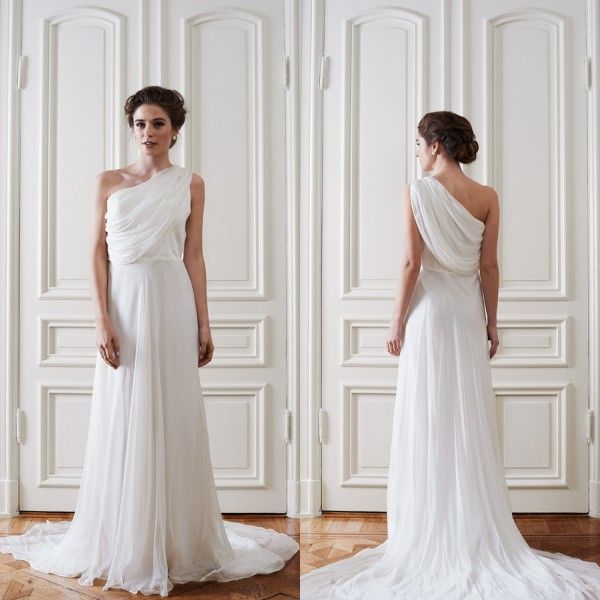 Robes de mariée de plage grecques simples une épaule sans manches ruché drapé en mousseline de soie pas cher robes de mariée avec train de balayage sur mesure