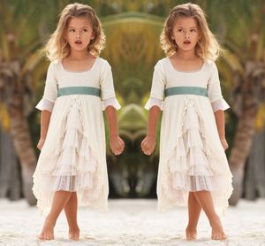 2016 vierkante halslijn bloem meisje jurken voor strand bruiloft half lange mouwen chiffon tiered meisjes pageantjurken kinderen formele slijtage feestjurk