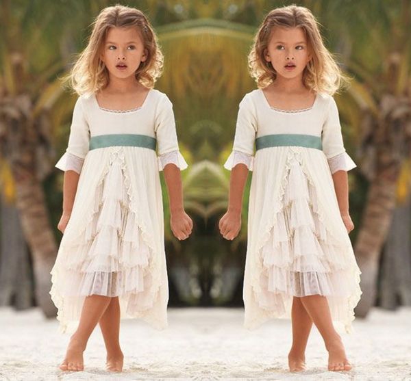 2016 Carré Décolleté Robes De Fille De Fleur Pour La Plage De Mariage Demi Manches Longues En Mousseline De Soie À Niveaux Filles Pageant Robes Enfants Tenue De Soirée Robe De Soirée