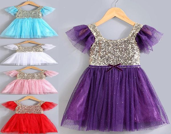 2016 Summer New Llegación Niños Vestidos Girl Girl Sparkly Sequin Vestido con 5 colores Lindo Baby Girl Lace Tutu Princess Dress Kids Summ9005755