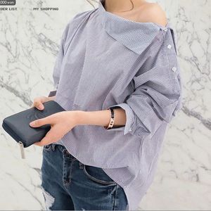 2020 vrouwen zwart gestreepte shirts Casual lange mouwen schuine kraag blouse sexy losse tops plus size