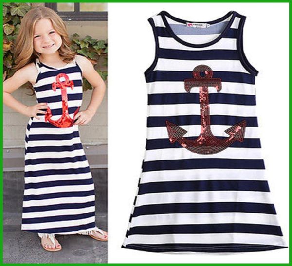 2016 top fashional estilo niñas azul marino ancla sin mangas vestidos de rayas niños niños con lentejuelas azul blanco rayas vestidos de fiesta 2244571