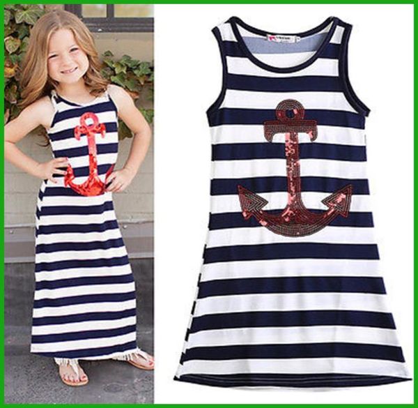 2016 top fashional estilo niñas azul marino ancla sin mangas vestidos de rayas niños niños con lentejuelas azul blanco rayas vestidos de fiesta 4603420