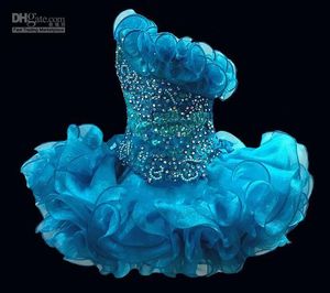 Unieke Little Rosie Pageant Jurken Crystal Beaded One Shoulder Turquoise Glitz Infant Cupcakes Feestjurk Organza Mini Peuters Dragen Baby