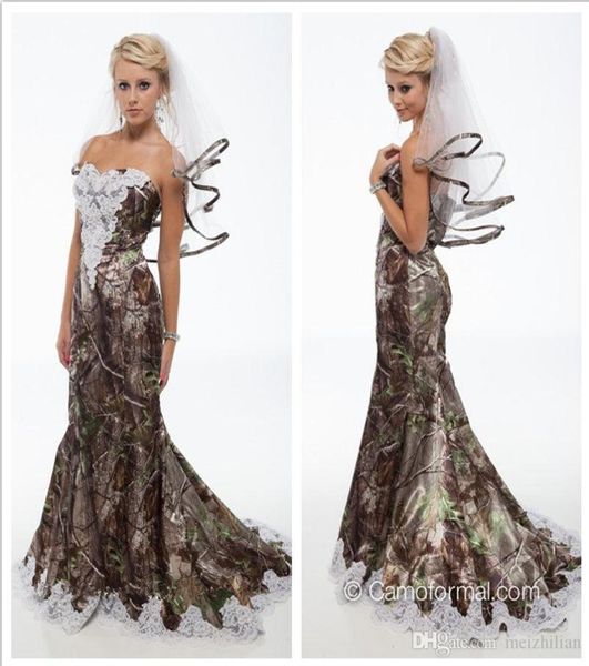 2016 Robes de mariée camouflage de sirène Realtree unique Nouveau chérie avec une perle blanche Backless Sweep Train Forest Robes de mariage CU4486384