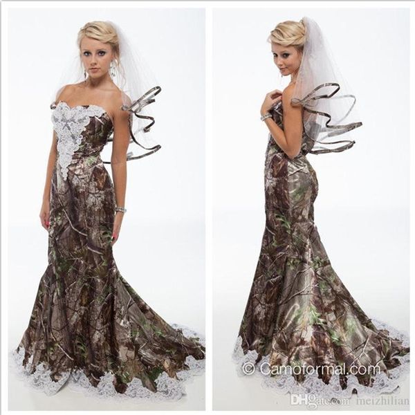 2016 Unique Realtree Sirène Camo Robes De Mariée Nouveau Chérie Avec Perle Blanche Dentelle Dos Nu Balayage Train Forêt Robes De Mariée Cu264J