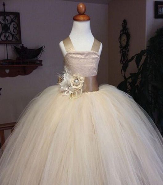 2016 vintage dentelle rustique champagne couleur bretelles spaghetti moelleux tulle robe de bal robes de fille de fleur pour les mariages soirée9490569