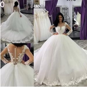 2022 Aso Ebi manga larga vestido de bola Dubai vestidos de novia Sheer cuello redondo apliques de encaje con cuentas Vestios De Novia vestidos de novia con botones BA4765