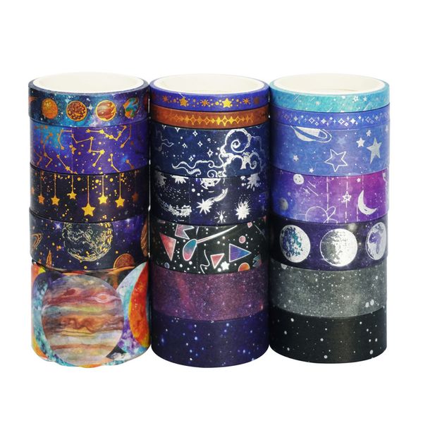 2016 Washi Autocollant Ruban Adhésif Ensemble 19 Rouleaux Étoile Chaude Or Et Argent Ruban De Papier Fantaisie Planète Univers Diy Ledger Décoration Pour Fête Festival Célébration