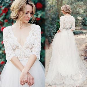 2016 Pays Pas Cher Robe De Mariée Brancher Illusion Top Dentelle Demi Manches Filet Tulle Perlé Sash Robes De Mariée Vintage Plage Bohème Robe