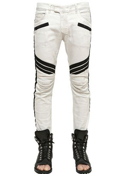 2016 blanc biker jeans pantalons de rue hommes Biker pantalon Slim Fit skinny pantalon Joggers moto pantalon élastique