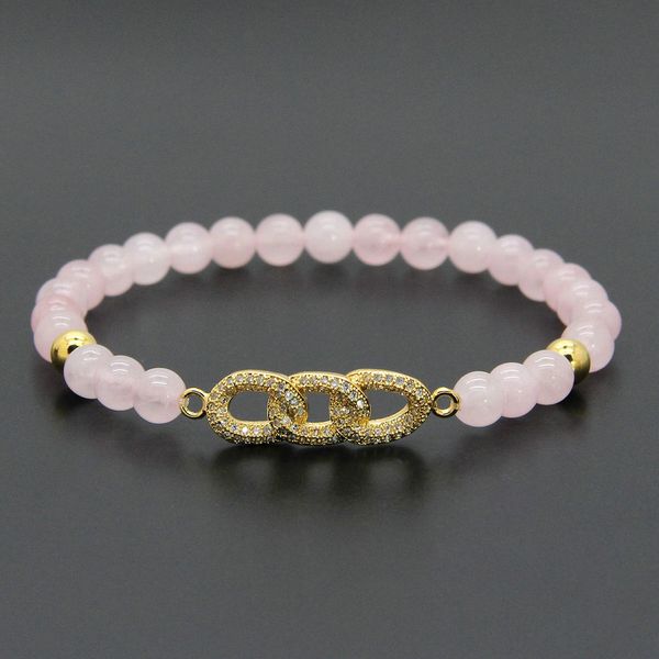 Gros Filles Bracelets 6mm Naturel Rose Cristal Pierre Perles Micro Pave Zircon Cz Perles Chaîne Perlé Bracelets Meilleur Cadeau