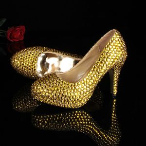 Zapatos de tacón alto para mujer, zapatos de vestir para niñas, zapatos de fiesta sexis de Color dorado con diamantes de imitación, zapatos de vestir de boda para mujer para novia