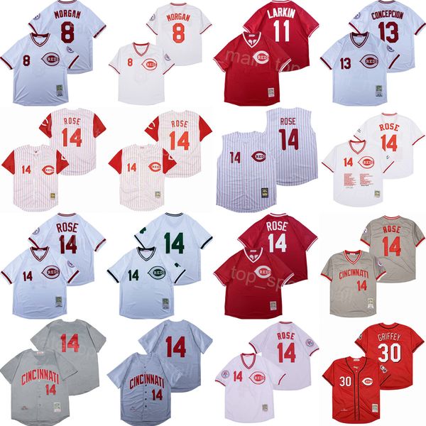 Vintage 1969 1976 Retro Baseball 11 Barry Larkin Jerseys 8 Joe Morgan 13 Dave Concepcion 14 Pete Rose Pullover Todo cosido Cool Base Pinstripe Blanco Gris Rojo Retire