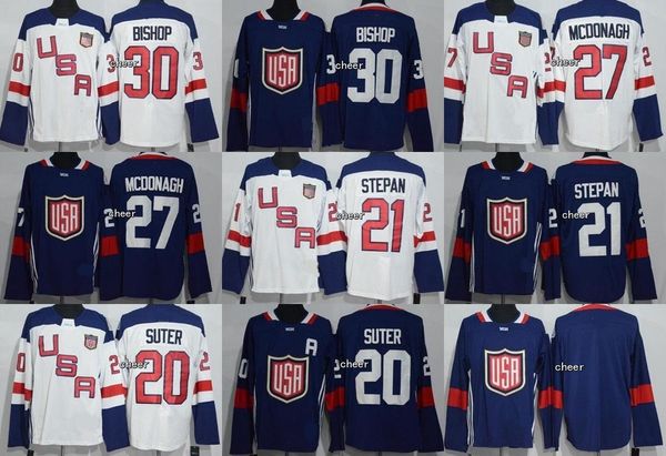 Coupe du monde 2016 Amérique du Nord Marine / Blanc 30 Bishop 27 Mcdonagh 21 Stepan 20 Suter Blank Maillots de hockey sur glace pour hommes Taille M ~ XXXL Livraison gratuite