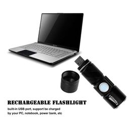 2017 Antorcha de luz de Flash táctica de 3 modos Mini Zoom recargable potente linterna LED USB AC Lanterna para viajes al aire libre