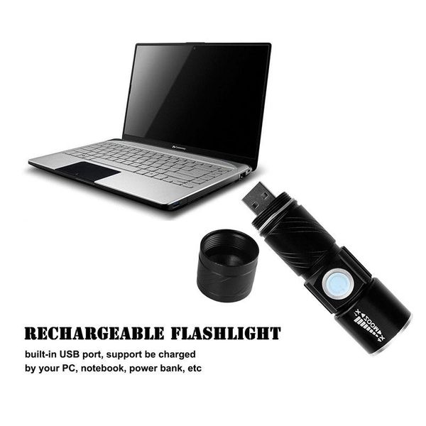 Lampe torche tactique à 3 modes, Mini Zoom, Rechargeable, puissante lampe de poche LED USB, lanterne AC pour voyage en plein air, 2017