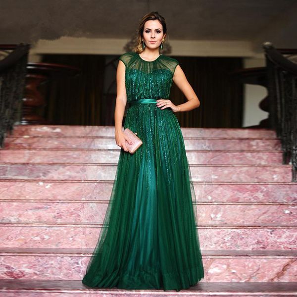 Setwell A-Line Emerald Green Long Soir Robes de Soirée Capuchon Slim Ceinture O-Cou Tulle Tulle Tulle Longueur Femmes Robes d'occasion
