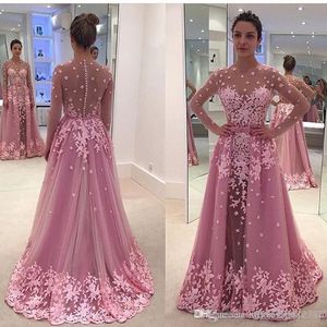 2019 een lijn illusie lange mouwen zuhair murad plus size Afrikaanse Arabische formele prom feestjurken roze vintage kant overskirt avondjurken