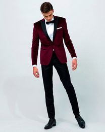 Airtailors vintage Velvet Wine Red Peak Lapel Tuxedo/traje de boda para hombres/ropa de novio a medida (chaqueta + pantalón + lazo)