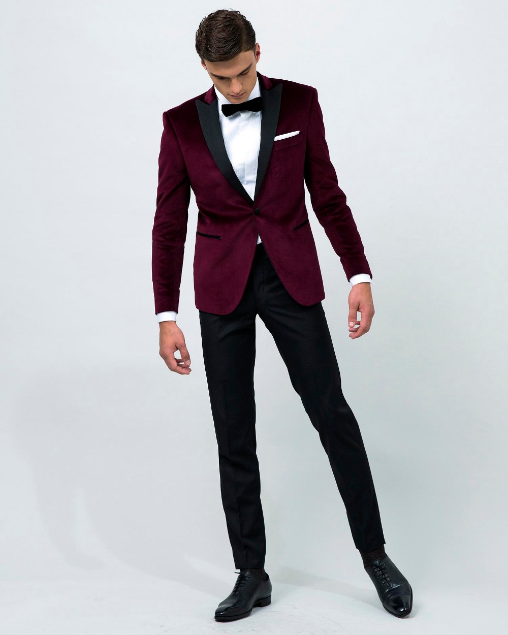 Airtailors vintage Kadife Şarap Kırmızı Tepe Yaka Smokin / erkekler için düğün Suit / Damat özel giyim giymek (ceket + pantolon + yay)