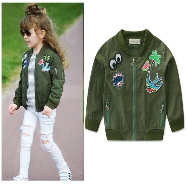 Abrigos de otoño para bebés, chaqueta verde militar, chaqueta estampada de dibujos animados para niñas 2-7T, ropa para niños, prendas de vestir exteriores, cortavientos para niñas, abrigo