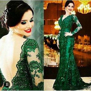 2017 Otoño Vestido de fiesta de sirena verde oscuro que se hunde con apliques Lentejuelas Vestidos Sin espalda Mangas largas de ilusión Vestidos de fiesta de encaje por encargo