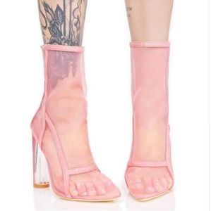 2017 herfst vrouwen enkel mesh laarzen puntschoen vrouwen terug rits kristal chunky hoge hakken 11cm transparante ademend booties