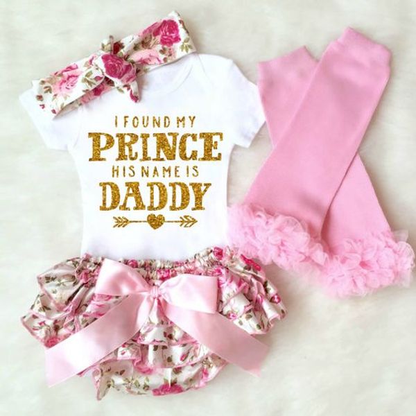 Baby girl 4pcs Conjuntos de ropa Infant INS Romper + shorts florales y leggings con diadema Conjunto Encontré a mi princesa Su nombre es Daddy M3443 K041