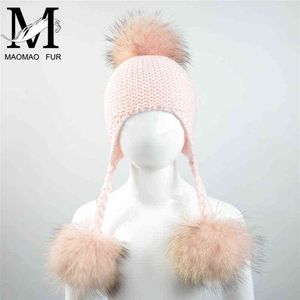 2017 Baby Winter Real Fur Hats For Children Girls Natural Fur Pompom Beanie Cap Kids Raccoon Pur Pom Ball Haak Babyhoeden J220722