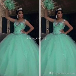 2019 mooie kralen kristallen munt groene quinceanera jurk tule zoete 16 leeftijden lange meisjes partij pageant baljurk plus size op maat gemaakt