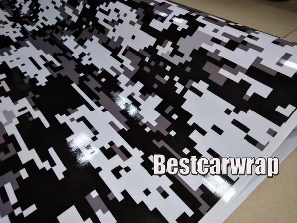2017 negro blanco urbano Digital Tiger Camo Vinyl Car Wrap con burbuja de aire Gráficos de camuflaje de píxeles libres Película adhesiva para automóvil 1.52x30m / 5x98ft