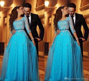 2019 blauwe kant Arabische avondjurk Half mouwen A-lijn Tule Lange Formele Holiday Wear Prom Party Town Custom Made Plus Size