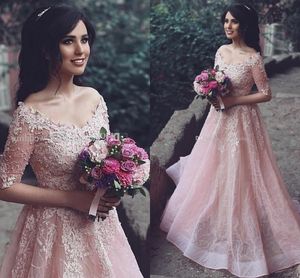 Robes de bal rose blush modeste col en V épaules dénudées demi-manches paillettes organza sexy robes de soirée arabes saoudiennes robes formelles