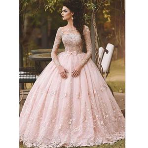 2019 blush roze lange mouwen prom jurken 3d floral floor lengte baljurk Arabische hijab moslim Dubai gelegenheid avond formele jurk met boog