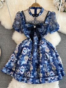 Vestidos casuales Diseñador de pasarela Seqiuns Malla Bordado Patchwork Vestido de cuentas Mujeres Puff Manga Arco Deco Estampado floral Mini vestido 2024