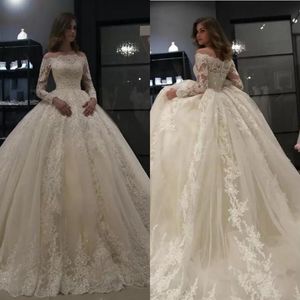 2022 Vintage árabe vestido de fiesta vestidos de novia fuera del hombro apliques de encaje con cuentas de cristal de manga larga de talla grande vestidos de novia formales tren de barrido BC3022 B0520A7