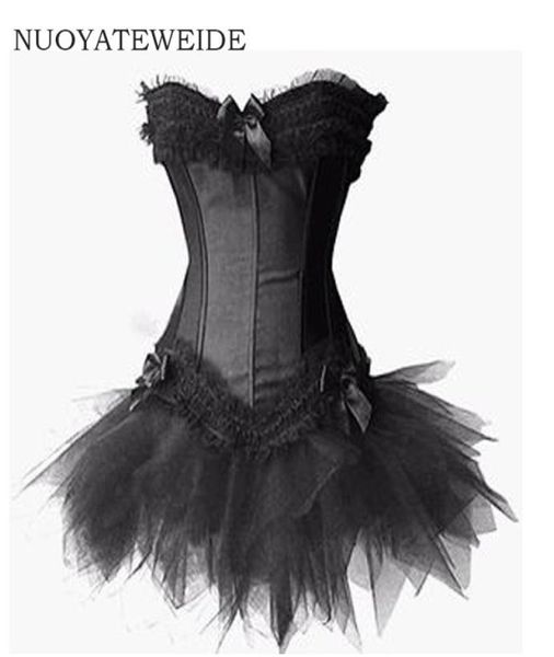 2017 Burlesque Robe corset rouge et noir Bustique Bustier Para Mujer Victorian Brocade Corset tutu jupe Tenue partielle Halloween7425974