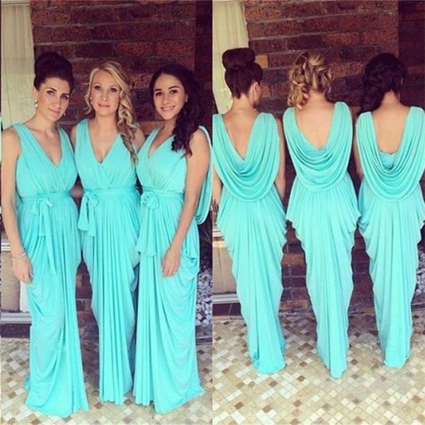 Vestidos de dama de honor, tubo/columna, gasa con cuello en V y volantes, vestido de fiesta largo azul Sexy para damas de honor, vestidos de fiesta de bodas