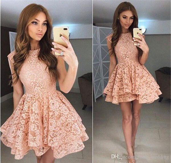 2019 barato elegante encaje de encaje rosa vestido casero una línea mini short juniors sweet 15 graduación vestido de fiesta de cóctel más tamaño hecho a medida