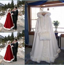 Real Image Hooded Bridal Cape Ivory White Dark Red Long Bruiloft Cloaks Faux Bont voor Winter Bruiloft Bridal Wraps Bridal Cloak Plus Size