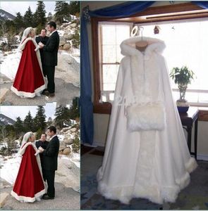 Real Image Hooded Bridal Cape Ivory White Dark Red Long Bruiloft Cloaks Faux Bont voor Winter Bruiloft Bridal Wraps Bridal Cloak Plus Size