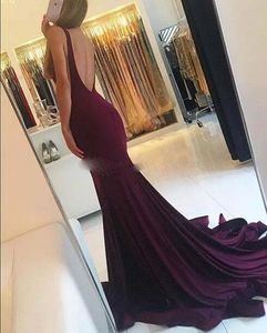 2017 Goedkope Marron Mermaid Prom Dresses Scoop Mouwloze Custom Made Elastische Satijn Lange Sexy Backless Avondjurken Sweep Train